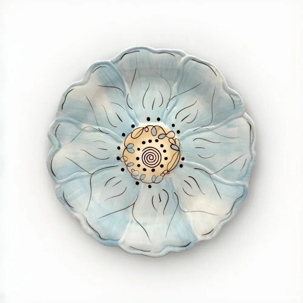Set of 4 Pier 1 Cassidy Salad Dessert Plates Blue With Crème (Cream) Flower 7.5